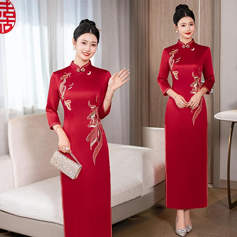 秋季婚宴喜婆婆旗袍红色醋酸缎刺绣旗袍裙喜妈妈婚宴礼服时尚年轻