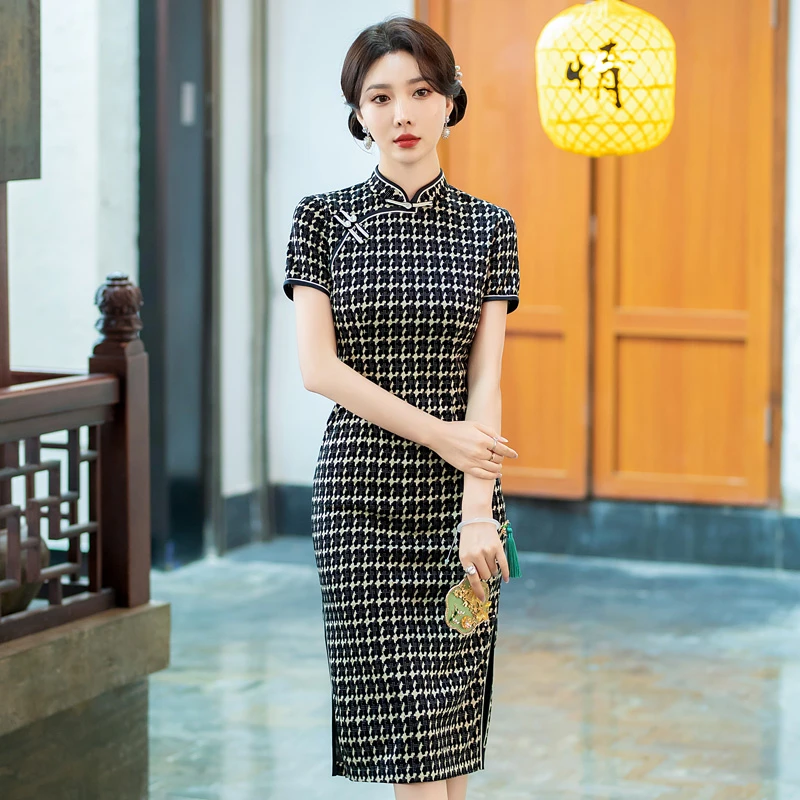 复古新中式中国风旗袍夏季中长款新款气质修身日常格子走秀连衣裙