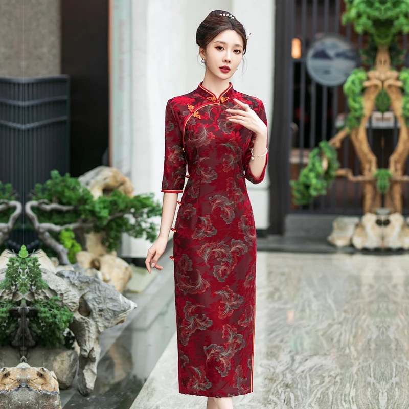 红色旗袍喜婆婆妈妈装连衣裙秋季新款植绒复古日常中国风长款旗袍