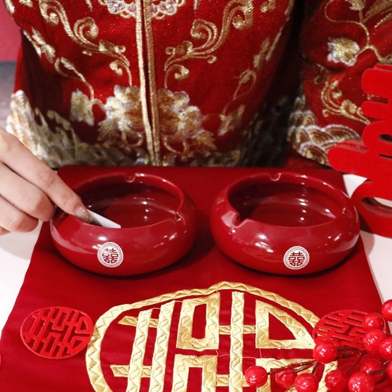 喜字烟灰缸结婚家用客厅茶几高级红色陶瓷烟缸婚礼喜庆婚庆用品