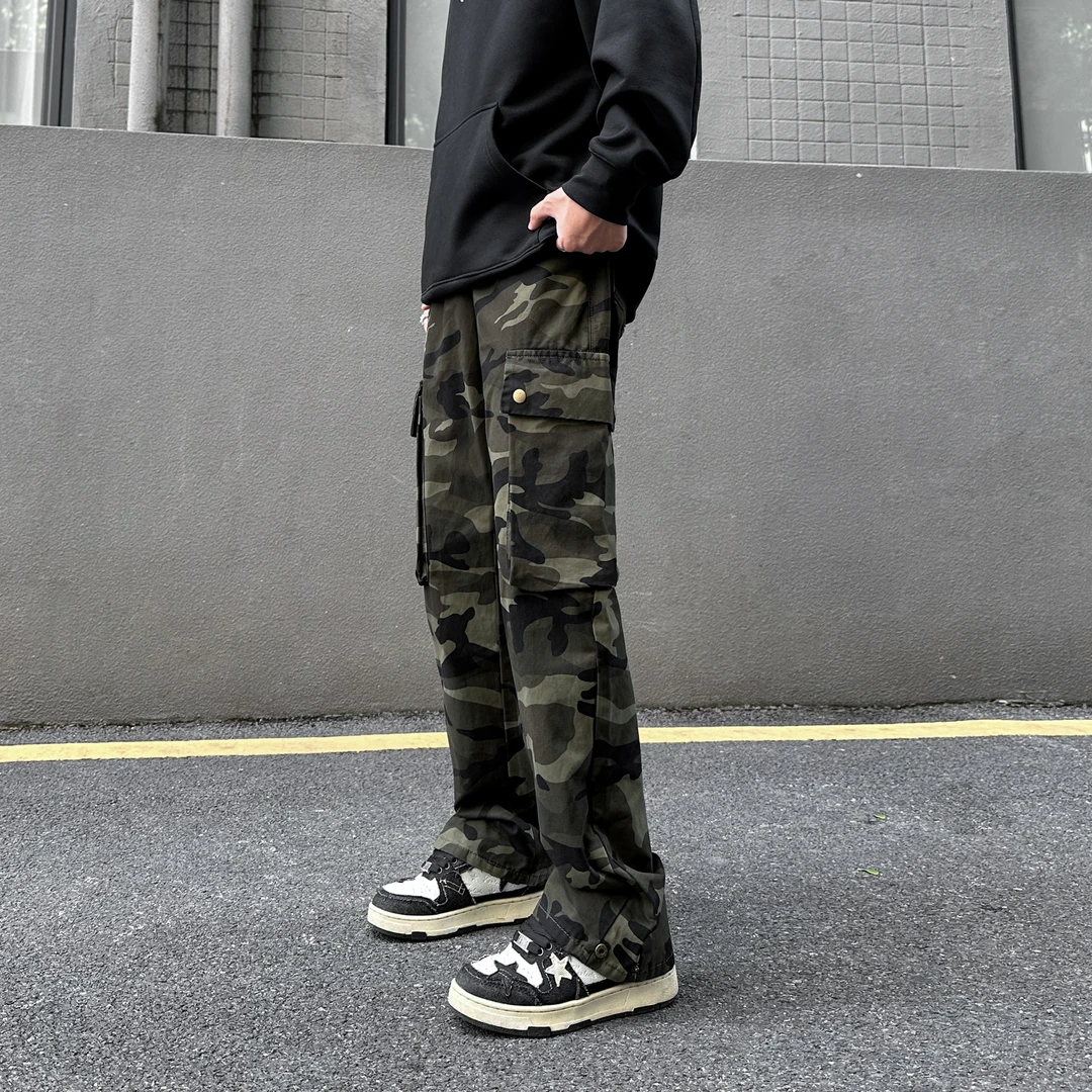 春款美式高街迷彩工装裤休闲裤子男女款潮流百搭宽松直筒微喇叭裤