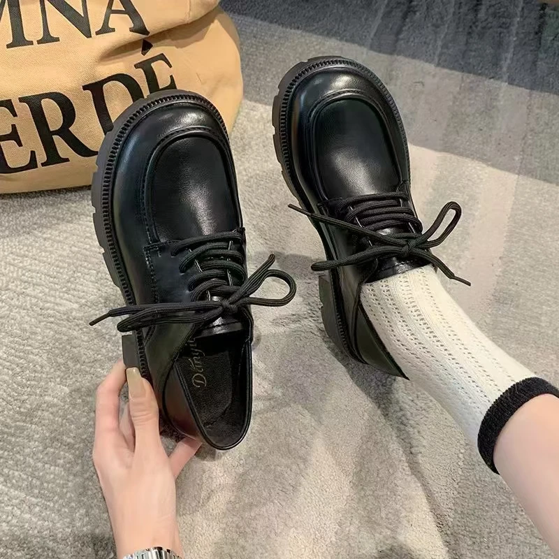小皮鞋女2024年春秋新款低跟系带单鞋百搭软底通勤黑色工作鞋子