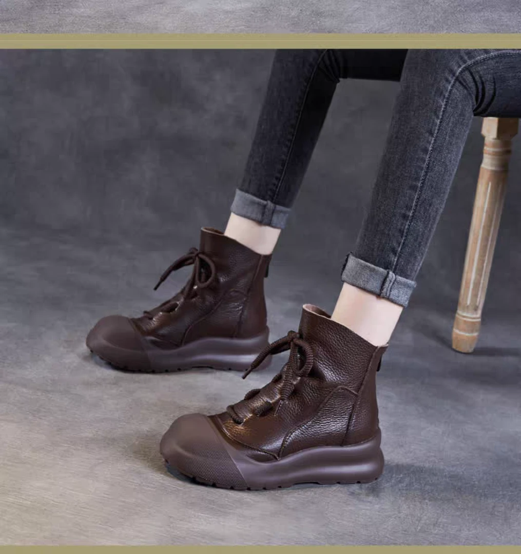 手工复古短靴女士厚底坡跟防踢圆头马丁靴民族风软底防滑单靴