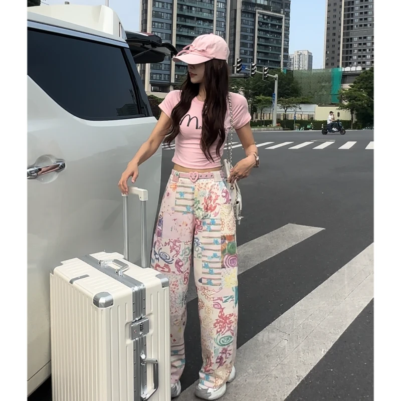 【花花裤】不规则涂鸦设计感直筒休闲时尚长裤无腰带#CX1098