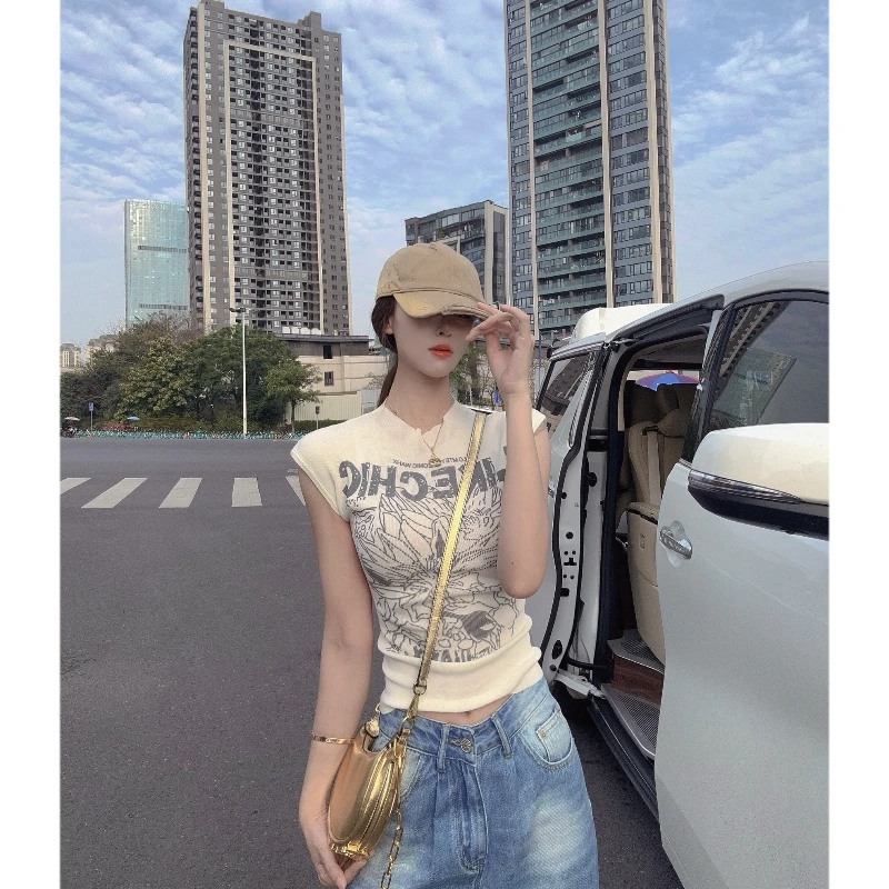 【莱赛尔字母T】设计感字母印花无袖T恤#S0120