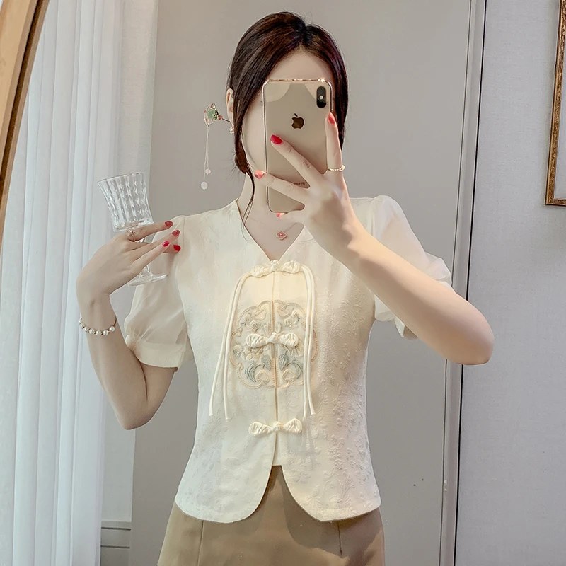 新中式国风刺绣短袖衬衫女夏季V领流苏盘扣上衣流行漂亮小衫