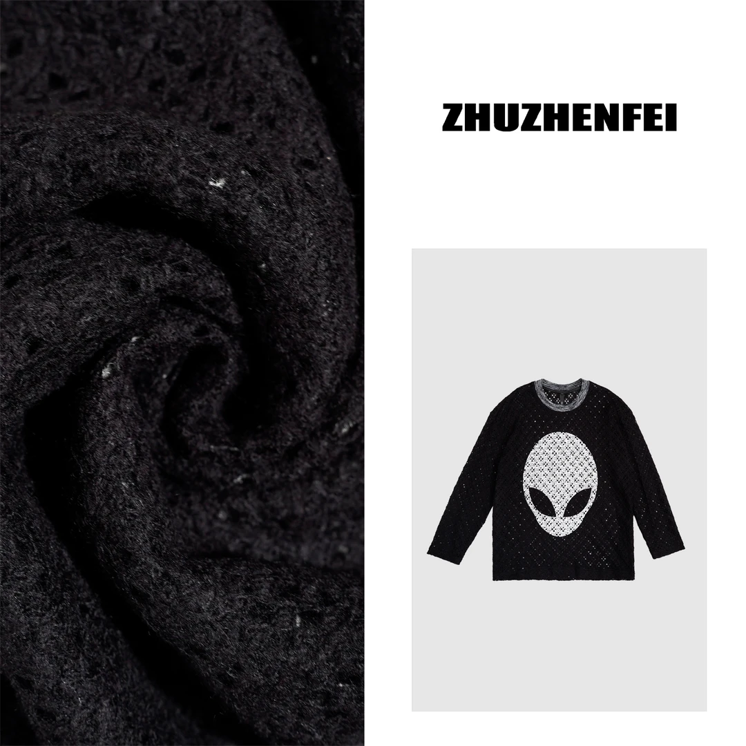 ZHUZHENFEI【柔韧】黑灰两色羊毛外星人头毛织长袖T恤Z343029现货