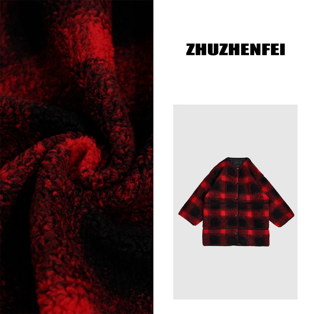 ZHUZHENFEI【绒化入冬】红色格子无领宽松百搭羊羔绒外套Z344098