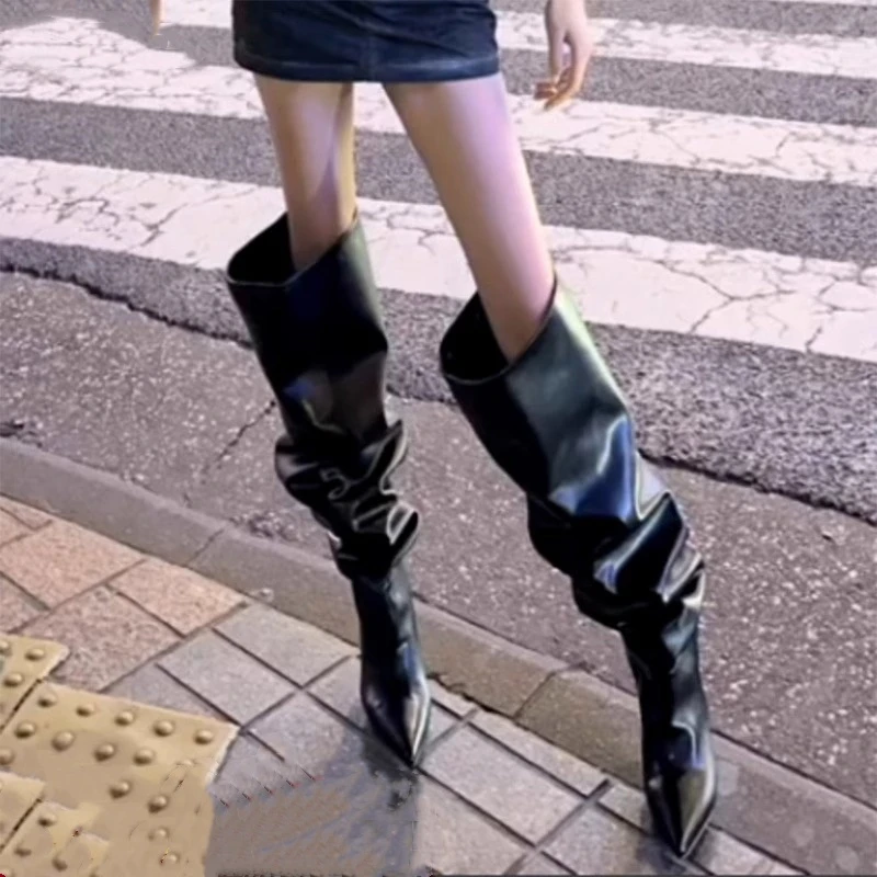 时装靴2025春季新款宽筒靴尖头欧洲走秀靴子褶皱过膝细跟堆堆靴