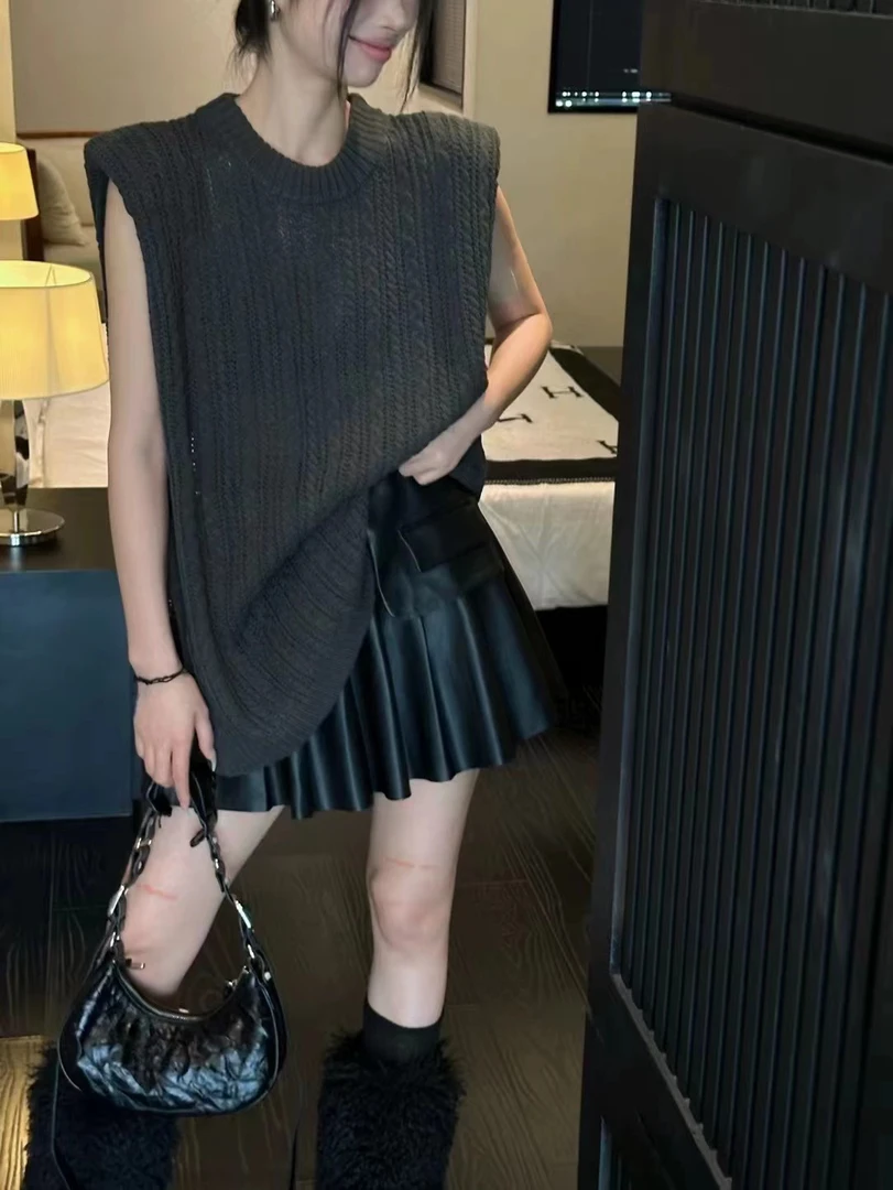 早秋侧开叉垫肩背心上衣麻花马甲