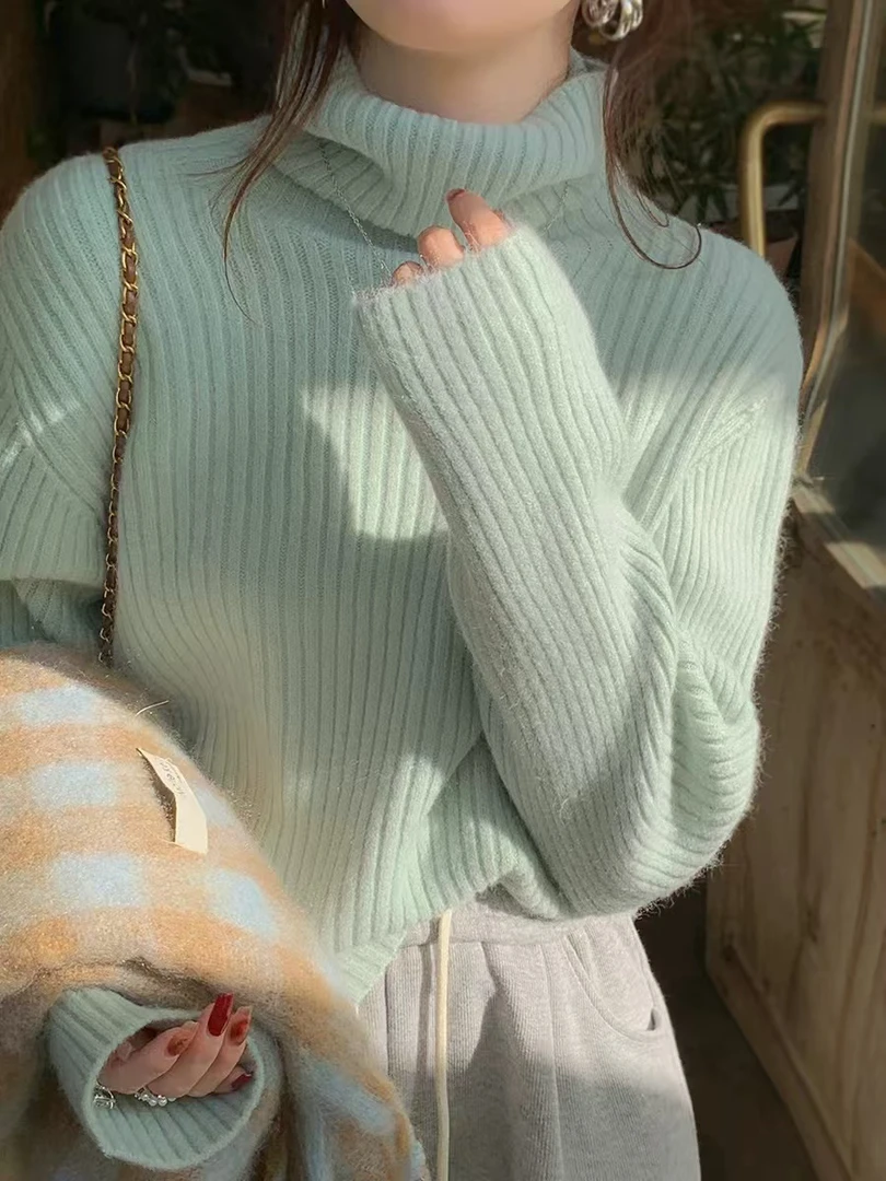 水原家 韩版宽松慵懒高领套头坑条加厚保暖毛衣