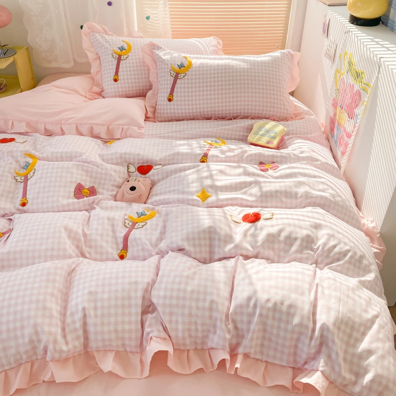爆款四件套韩式花边水洗棉秋冬少女心毛巾绣被套床单公主风三件套