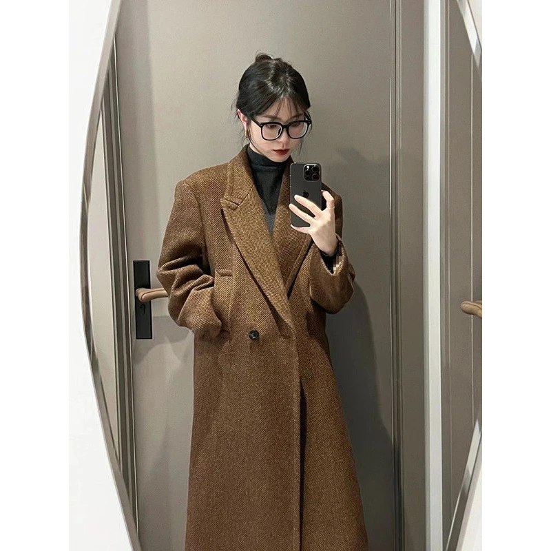 沐卿桐高级赫本毛呢秋冬新款百搭小个子中长款呢子大衣西装领外套