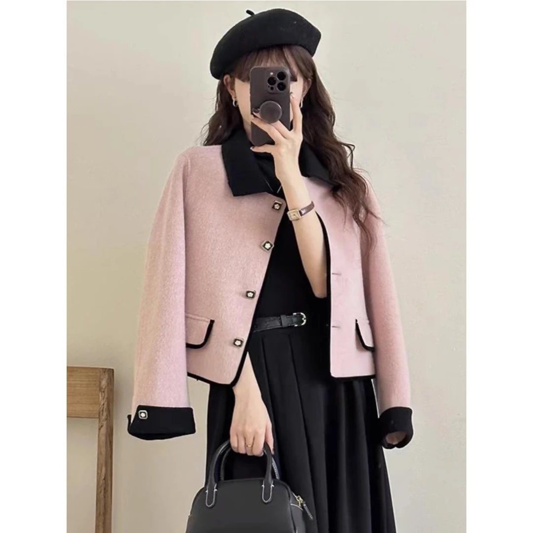 沐卿桐双面羊绒毛呢大衣小香风新款撞色翻领短外套高端毛呢大衣