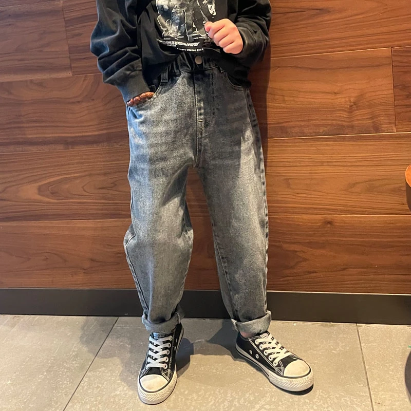 男童蓝灰小脚牛仔裤子萝卜老爹裤2025春季新款宝宝简约潮儿童长裤