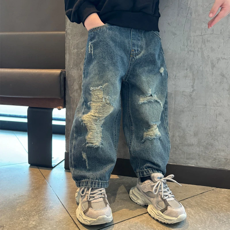 男童破洞牛仔裤子潮酷韩版街舞宽松2025春秋装小中大宝宝儿童长裤