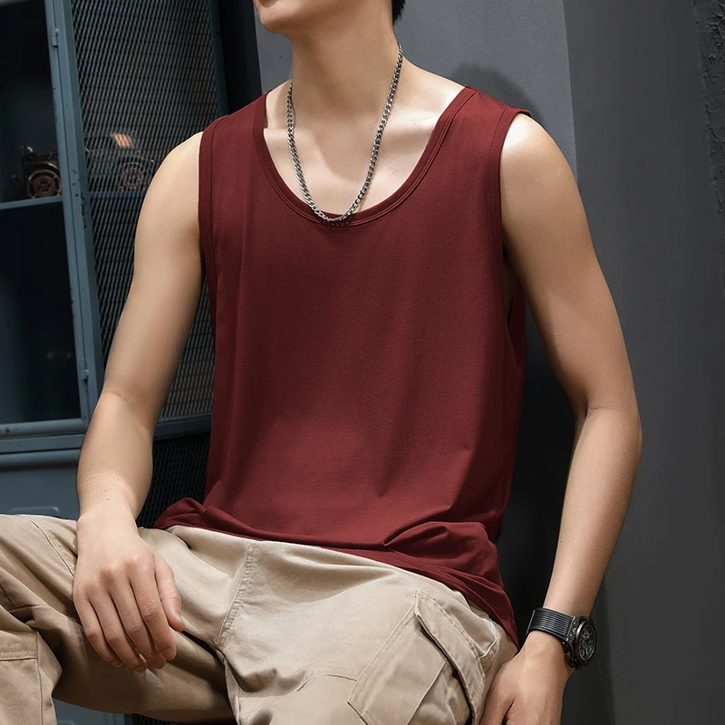 2025夏季红色背心男薄款无袖t恤冰丝莫代尔工字健身运动跨栏坎肩