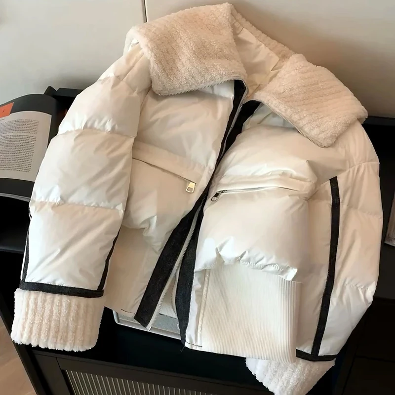 毛毛大翻领短款加厚棉服女冬季2024新款洋气保暖舒适小个子短外套