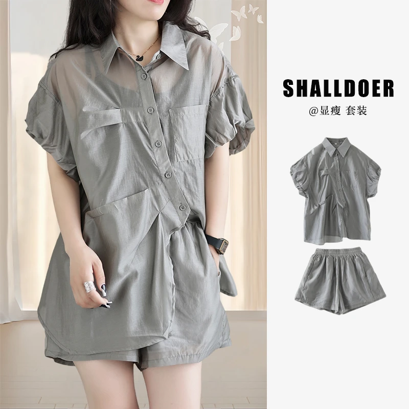2025夏季新款休闲薄款别致短袖衬衫女士洋气显瘦短裤宽松时尚套装