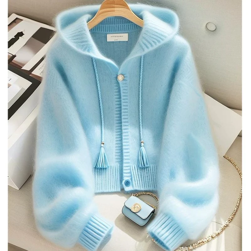 2025春秋小众洋气大码宽松慵懒风休闲针织开衫高级感连帽毛衣外套