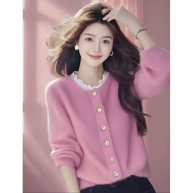 宽松百搭粉色针织衫女士2025春秋新款设计感时尚显瘦洋气毛衣外套