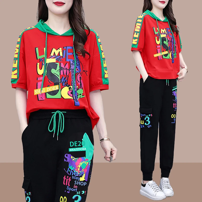 夏季新款时尚休闲套装女士洋气爆款连帽显瘦短袖t恤运动服两件套