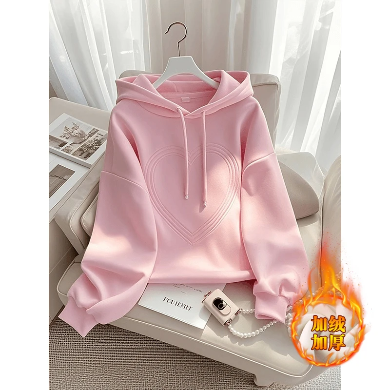 粉色加绒加厚连帽卫衣女士2024秋冬季新款时尚洋气设计感小众上衣