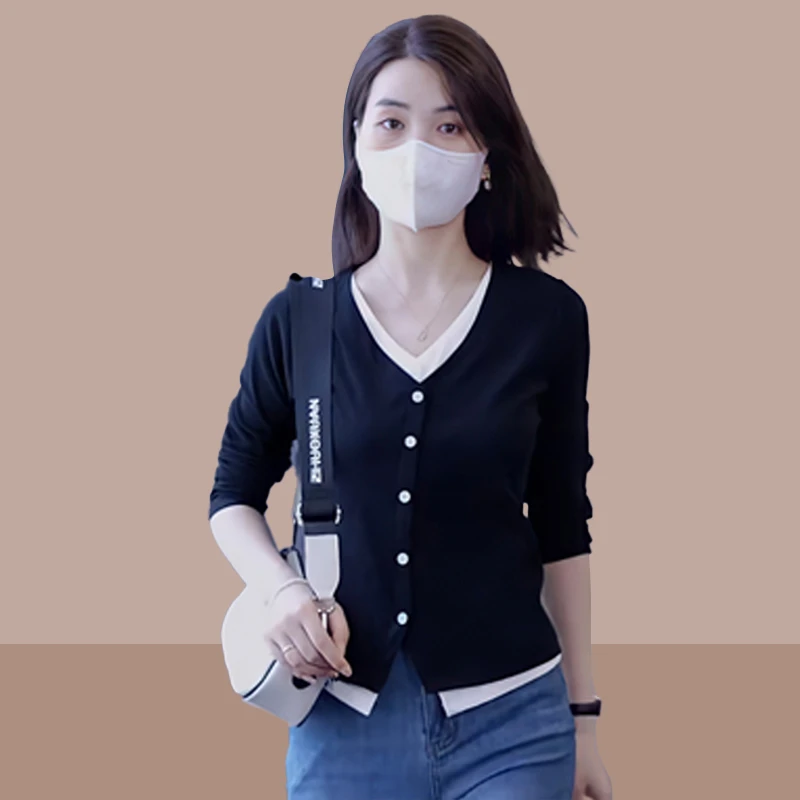 设计感拼色V领t恤女士2024春秋季新款休闲时尚洋气打底衫长袖上衣