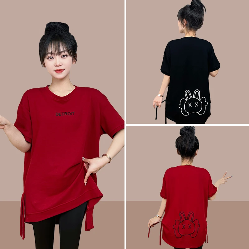 2023夏季新款短袖中长款大码t恤女胖mm宽松高档时尚洋气休闲上衣