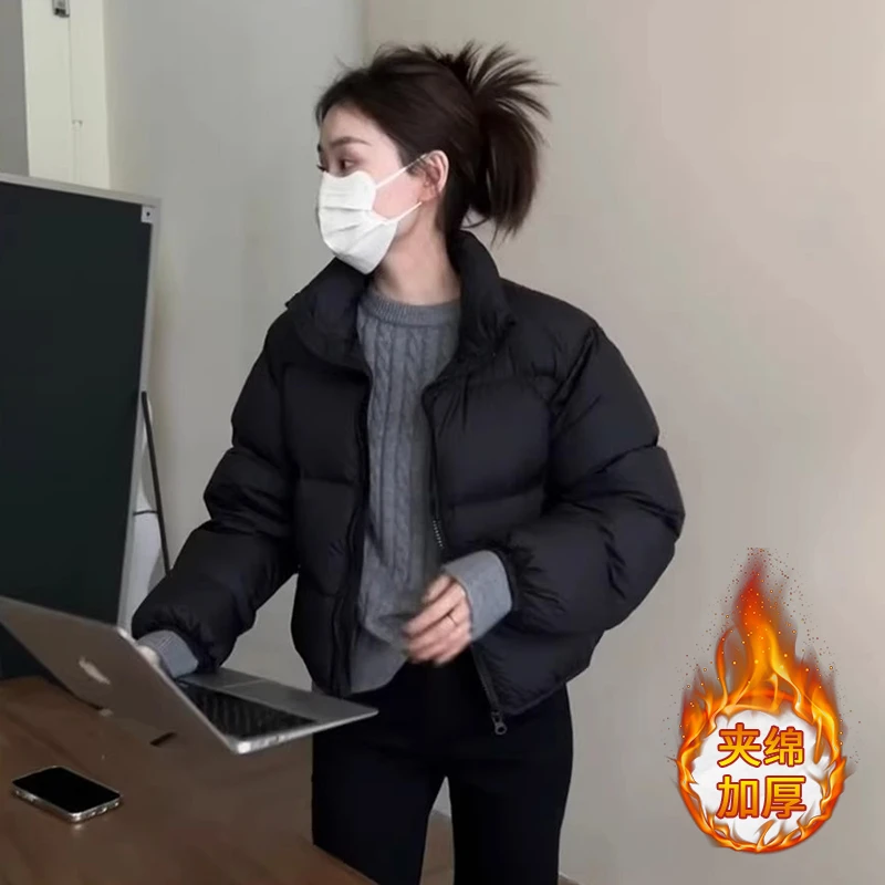 韩版小个子立领短款棉服女士2025秋冬新款韩版设计感纯色显瘦外套