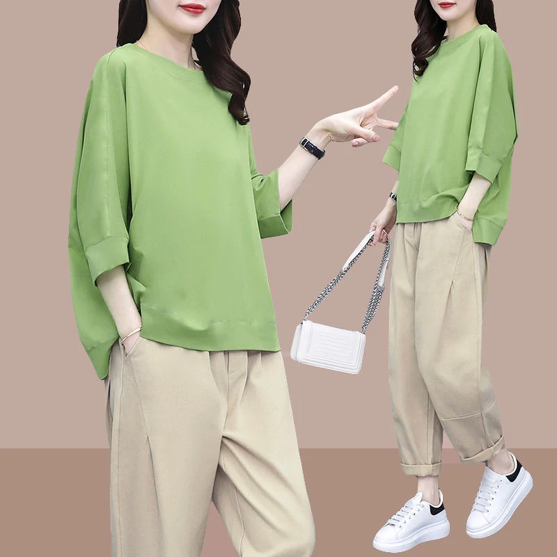 时尚休闲套装女2025春夏新款洋气爆款微胖女装宽松大码显瘦两件套