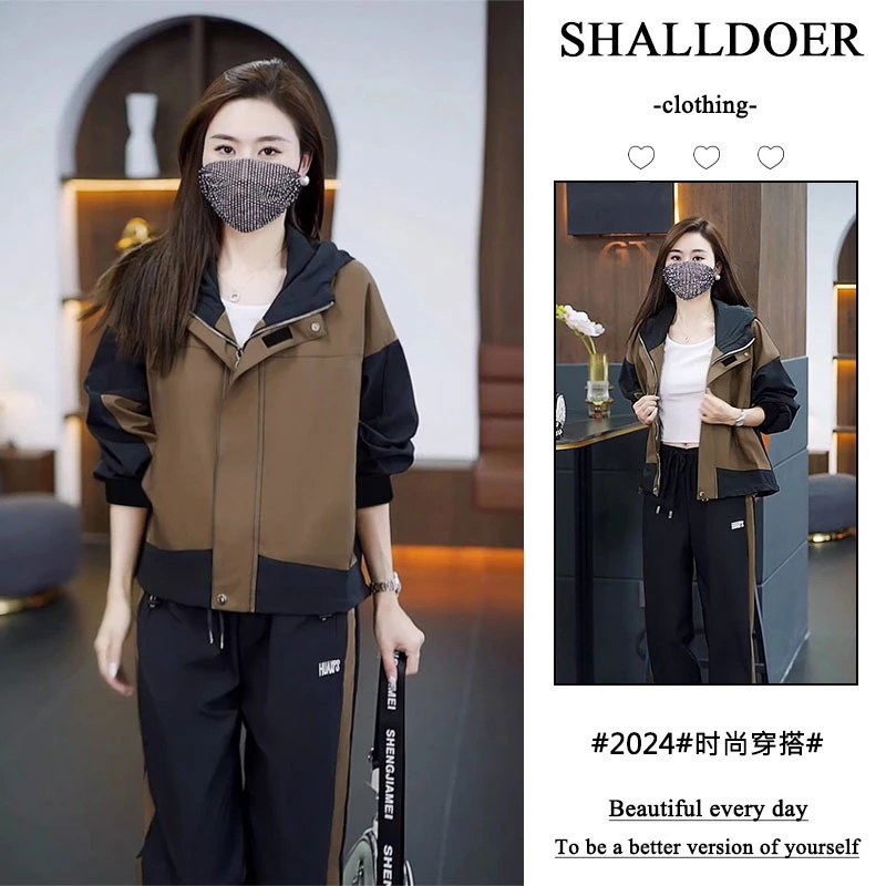 2024春秋新款休闲运动套装女士时尚宽松洋气连帽外套束脚裤两件套