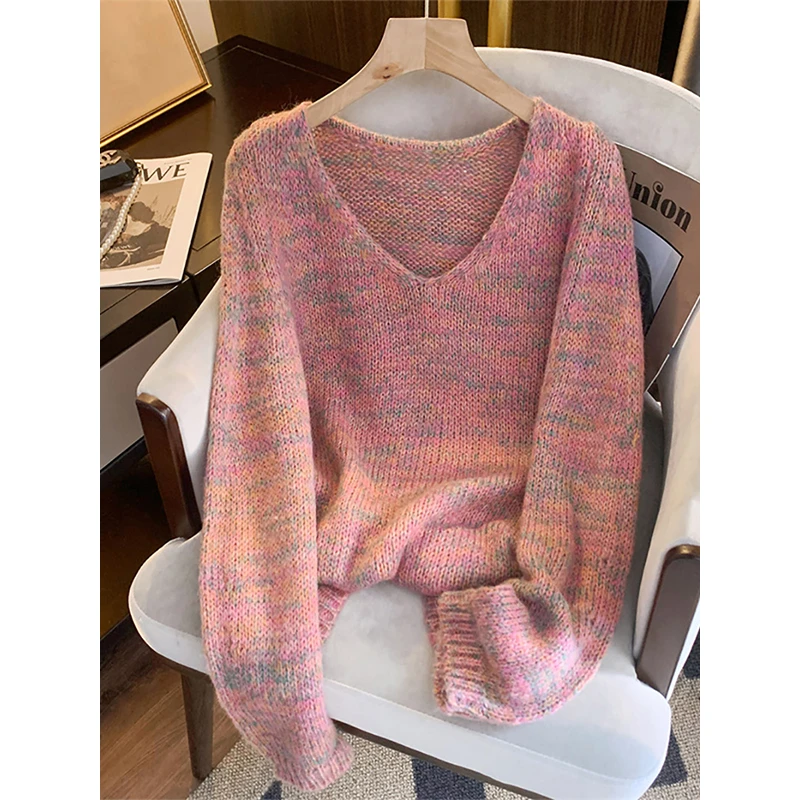 设计感时尚v领长袖上衣女士2025春秋新款休闲百搭毛衣针织衫上衣