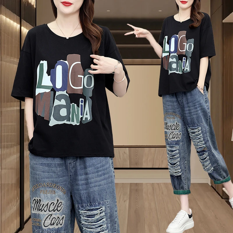 休闲破洞牛仔裤女士2024年夏季新款时尚套装百搭宽松上衣大码女装