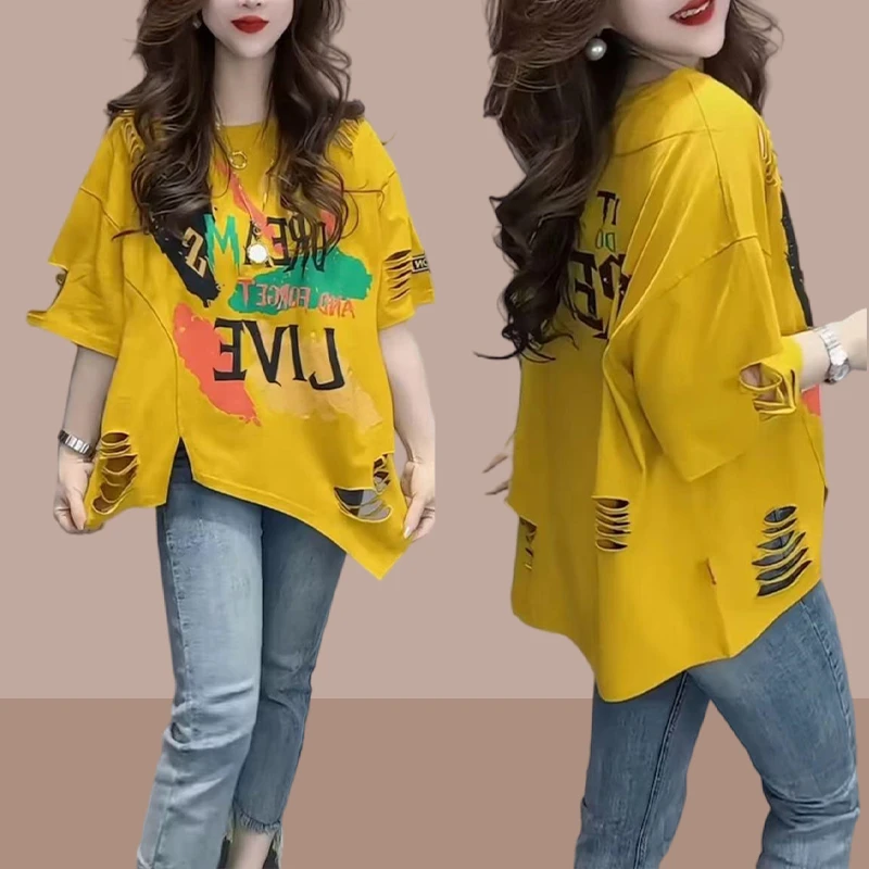 大码女装短袖体恤女士破洞不规则上衣2025夏季新款小个子休闲女装
