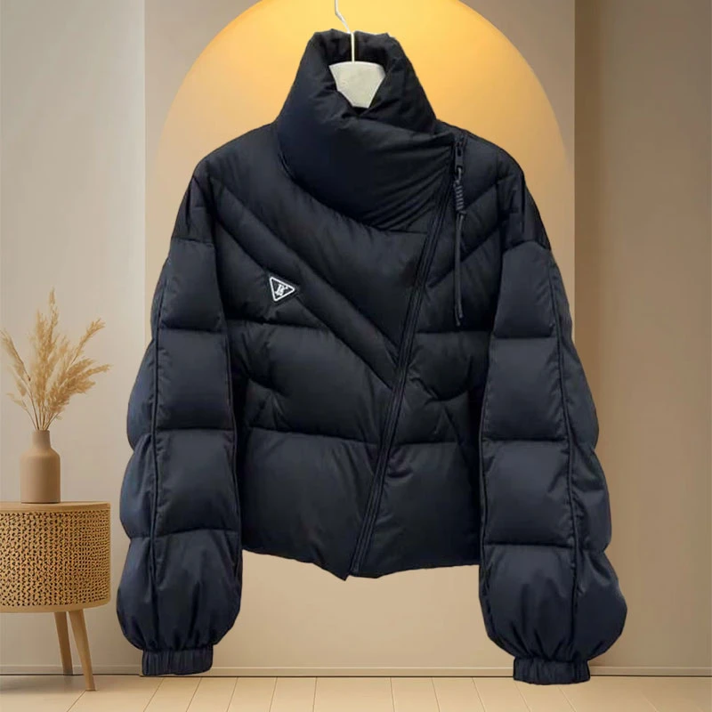 潮流时尚黑色棉服女士2025冬季新款气质高级感不规则拉链加厚外套