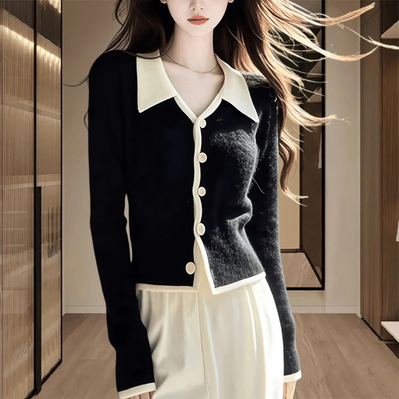 时尚设计感女上衣2024春秋新款撞色假两件长袖修身百搭显瘦打底衫