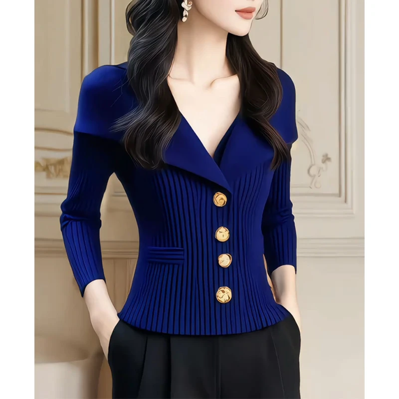 2024春秋新款时尚气质收腰针织衫女士设计感修身显瘦减龄长袖上衣