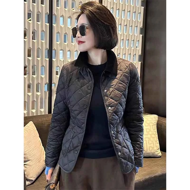 韩版纯色菱形格休闲棉服女士2024秋冬新款设计感收腰显瘦时尚棉衣