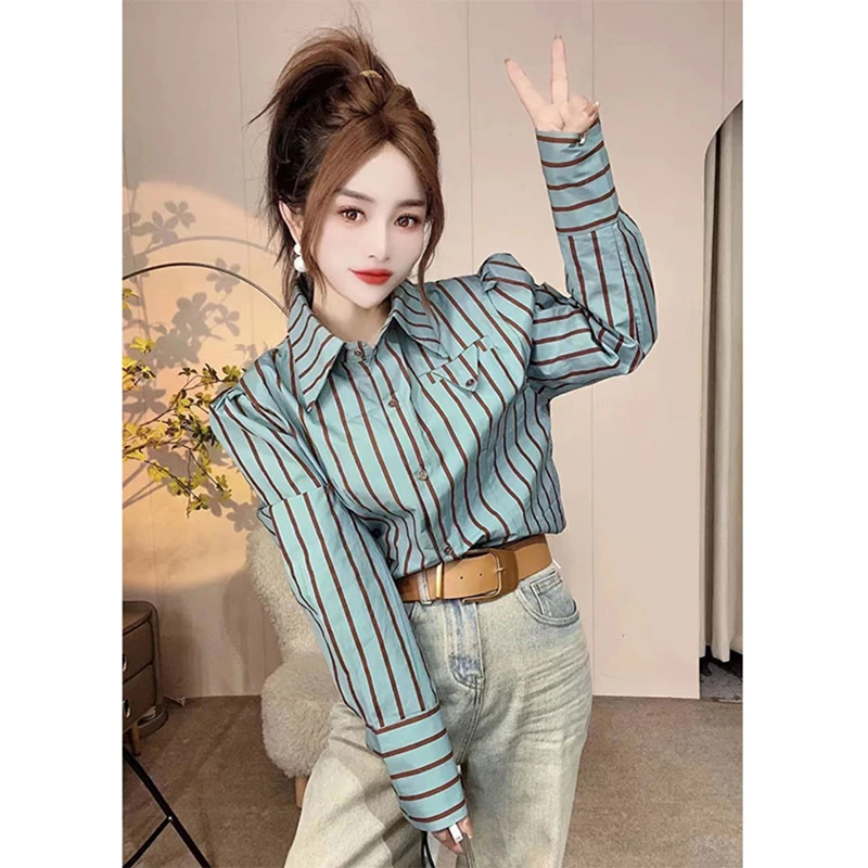 2025春秋季新款显瘦条纹polo领衬衫女士时尚洋气百搭开衫长袖衬衣