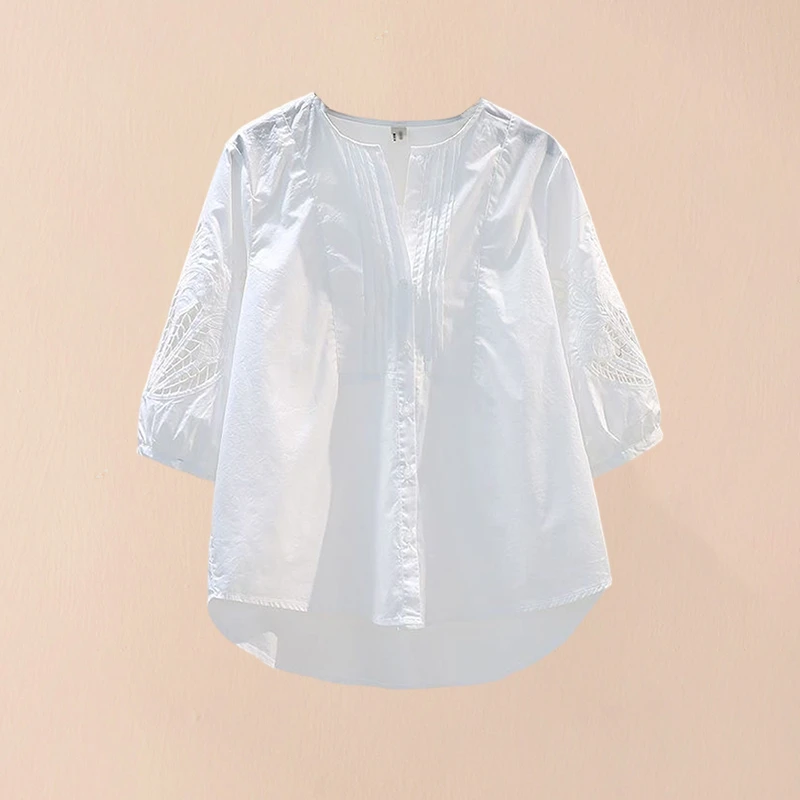 白色镂空衬衫女士设计感小众2025夏季新款宽松显瘦薄款七分袖上衣
