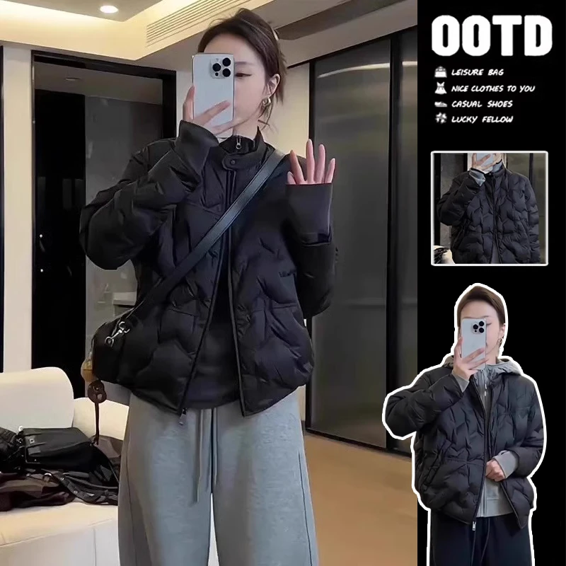 休闲立领短款夹绵加厚外套女士2024冬季新款宽松百搭时尚菱格棉服