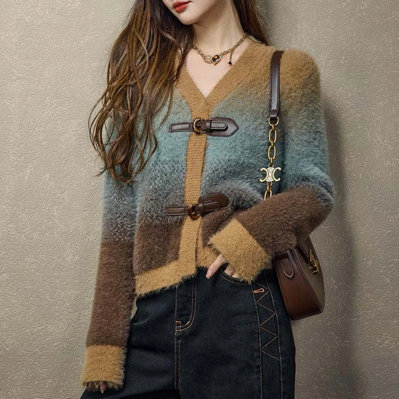 慵懒风渐变毛衣针织开衫女2024年春秋季新款设计感百搭休闲外套潮