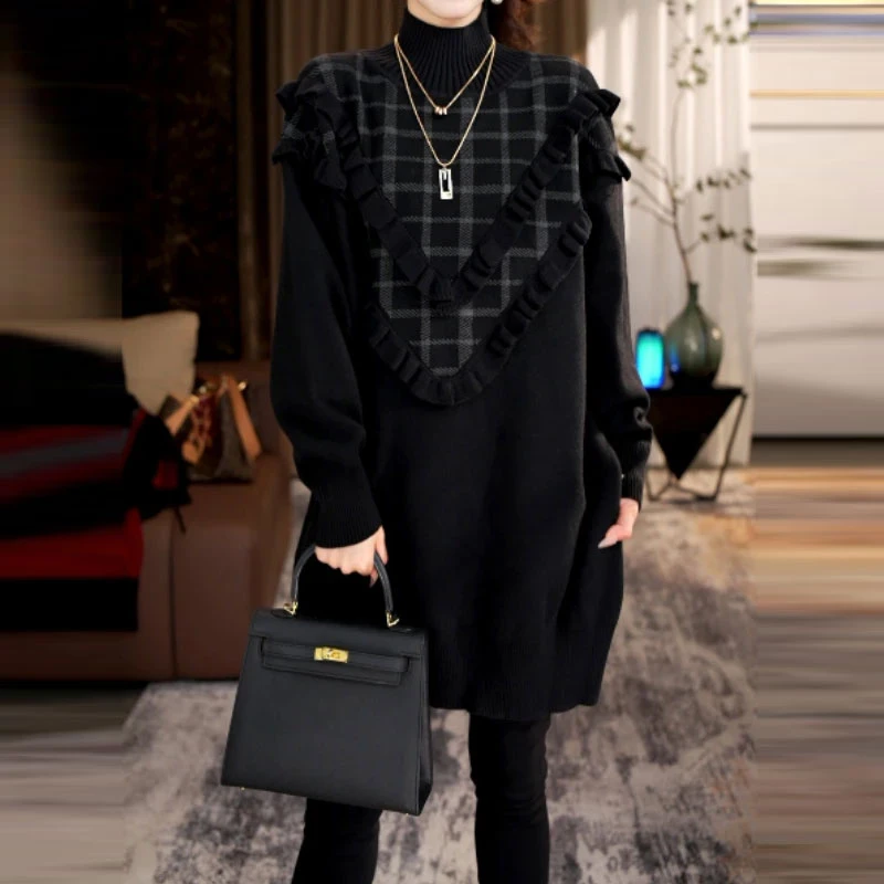 加厚保暖半高领针织上衣2025春秋冬新款宽松显瘦大码女装洋气毛衣