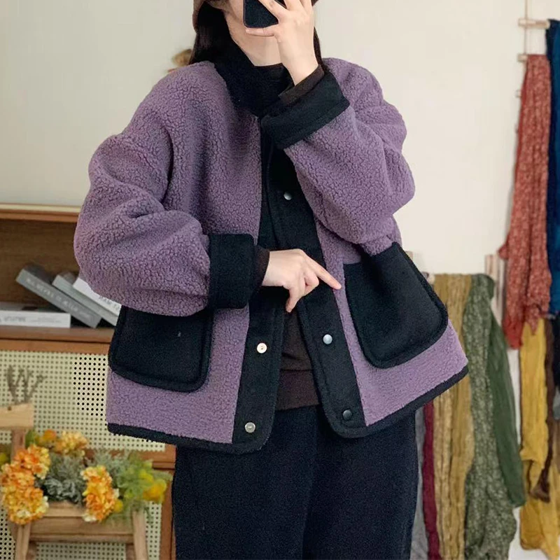 2024年秋冬季新款拼接拼色加厚翻领宽松落肩厚款保暖小个子外套女