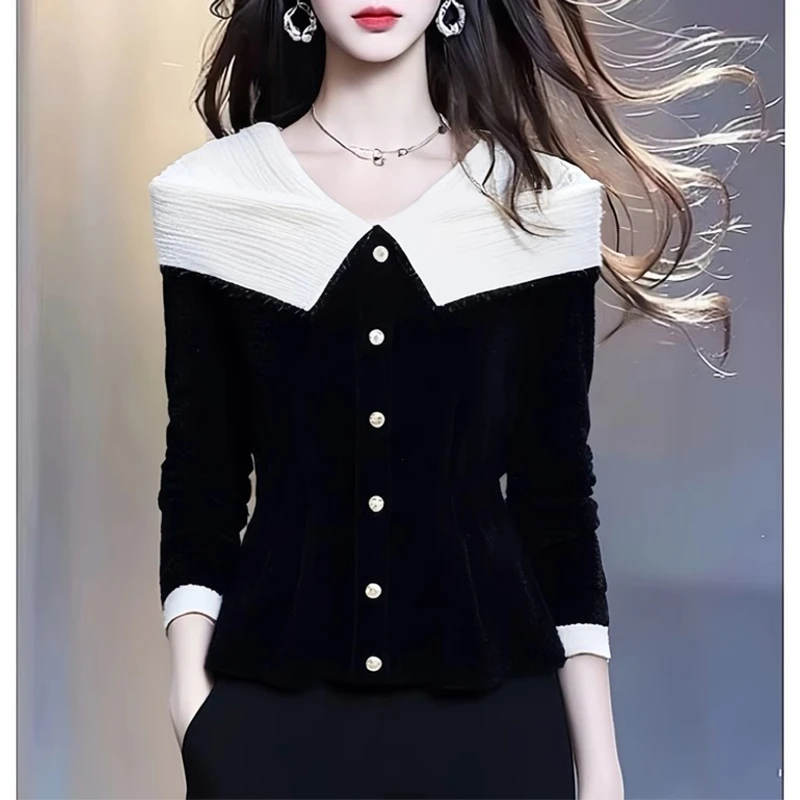 韩版黑白拼色设计感针织衫女士2025春秋新款时尚洋气收腰打底上衣