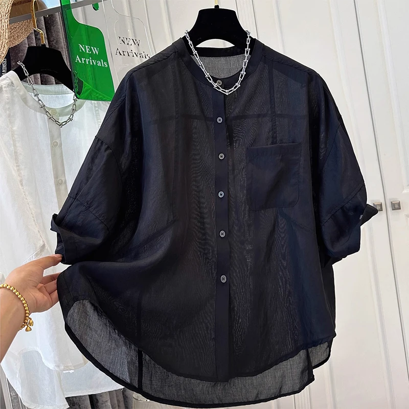时尚高级感简约气质衬衫女士2025年夏季新款宽松轻薄透款休闲衬衣