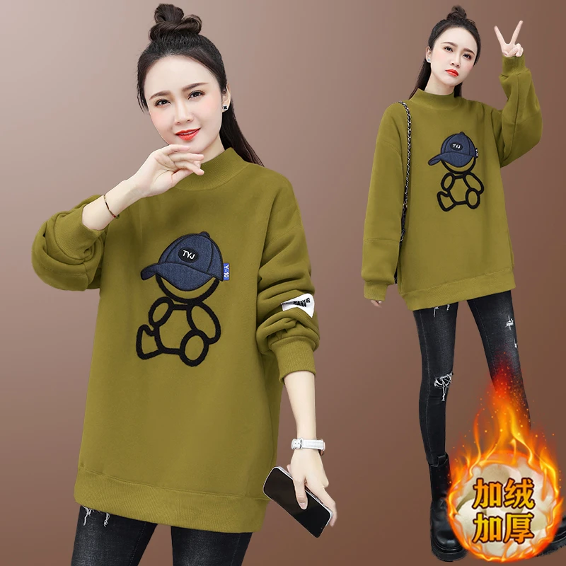 2023冬季新款加绒加厚宽松卫衣外套韩版女士绣花圆领时髦爆款上衣