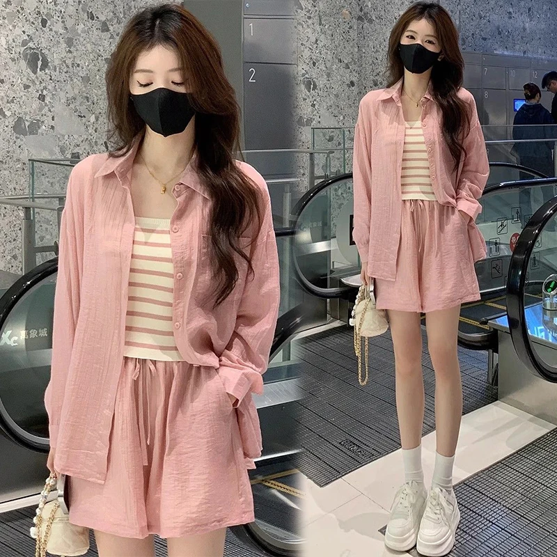 2024夏季新款休闲薄款衬衫吊带短裤三件套洋气网红款时尚爆款套装
