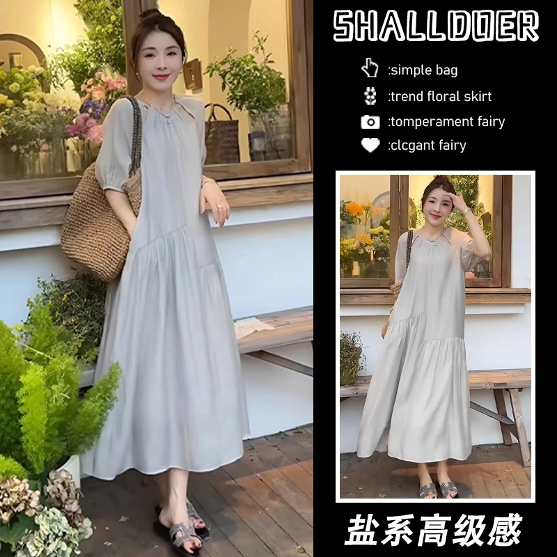 法式温柔气质镂空短袖连衣裙女士2024夏季高级感宽松休闲垂感长裙